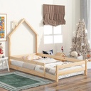 Pouseayar Twin Size Montessori Toddler Floor Bed Frame, Modern House-Shaped Frame Headboard Bed with Fences, Pine Wood with Full-Length Guardrails, Bed for Girls Boys(Without Slats)