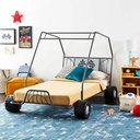Twin Size Car-Shaped Bed for Kids, Metal Bed Frame Canopy Bed with Wheels and Racing Flag Decor Headboard for Boys Girls Bedroom, Black, 84''L X 56''W X 51''H