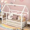 Twin Size House Floor Bed, Wood Montessori Bed Frame with Fence Guardrails, House Beds for Toddler Kids Girls Boys（Twin,White)