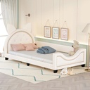 Kids Twin Upholstered Day Bed Frame for Boys Girls Toddlers, Wood Platform Bed with Carton Ears Headboard for Kids' Room Bedroom, PU Leather Sofa Bed Floor Bed, Easy Assemble, White