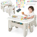 OLAKIDS Kids Table and Chair Set, Activity Table with Magnetic Drawing Board 4 Gears Adjustable Height Bookshelf Watercolor Pens, Toddler Plastic Furniture Table for Playing Reading Eating