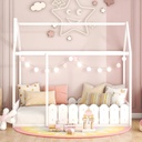 Bellemave House Bed Twin Bed Frame with Fence and Roof, Wood Floor Bed Frame for Toddlers, Kids, Boys and Girls, Montessori Bed, White