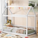 Bellemave Twin Floor Bed for Kids, Wood Twin Size Montessori House Bed with Rails, Toddler Bed Frame with Roof, No Box Spring Needed (White)