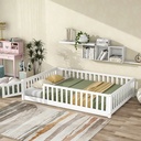 Full Size Floor Bed for Toddlers and Kids, Solid Wood Montessori Floor Bed with Safety Fence Rail and Small Door, Durable Montessori Bed Frame with Sturdy Slats Support for Boys and Girls, White