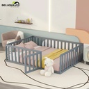 Bellemave Full Size Montessori Bed for Toddler, Wood Kids Floor Bed Frame with Fence and Door, Gray(Slats Not Include)