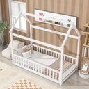Miniyam Wood Twin Size Montessori Floor Bed with Fence, House-Shaped Design, White