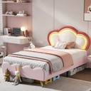 Meteorleg Twin Size LED Bed Frame with Adjustable Headboard,Velvet Upholstered Platform Bed Frame for Kids Girls,Pink