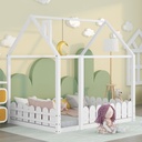 Full Size Montessori Toddler Bed, Wood House Floor Bed with Fence, Cabin Bed Frame for Toddlers Kids Boys Girls (White, Full)