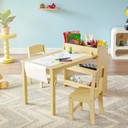 SKYSHALO 2-In-1 Kids Art Table and 2 Chairs Toddler Craft Set and Wooden Play Activity Drawing Table with a Cabinet Paper Roll Storage Bins