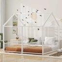 Bellemave Double Twin Size Floor Bed, Metal Shared Platform Beds for 2 Kids, Montessori House Bed for Toddler Boys Girls Teens(White)