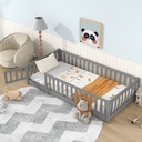 PAPROOS Toddler Floor Bed, Twin Size Solid Wood Floor Platform Bed with Fence, Door and Support Slats, No Box Spring Needed, Montessori Bed, Twin Bed Frame for Kids, Toddlers, Boys, Girls, Gray