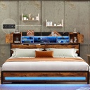 King Size Bed Frame with Charging Station,Adjustable LED Light,Steel Slated