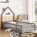 Bellemave Twin Size Floor Bed with House-Shaped Headboard and Fence Twin Wood Floor Bed Frame with Guardrails and Door Montessori House Bed for Kids, Toddlers, Boys, Girls, Gray
