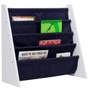 Wildkin Kids Canvas Sling Book Shelf for Boys and Girls, Wooden Design Features Four Shelves - White W/ Blue