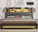 Dnxao King Size Bed Frame and Bookcase Storage Headboard, LED Upholstered Platform Bed Frame with USB Port, Heavy Duty Metal Slats, No Box Spring Needed, Easy Assembly, Oak Gray
