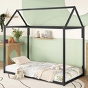 Bellemave Twin Size House Bed, Metal Floor Bed Frame for Kids, Full Montessori Bed with Steel Slats Support for Toddler Boys Girls Teens, No Box Spring Needed （Black)