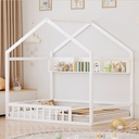 Bellemave Floor House Bed with Storage Shelf, Wood Full Size Montessori Bed with Fence, Playhouse Beds for Kids Girls Boys (White)