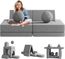 10Pcs Kids Sofa for Bedroom Playroom, Wanan Modular Toddler Couch Fold Out Couch Play Sofa for Boys Girls, Kids Sofa Couch Convertible Sofa Kids Foam Couch, Gray