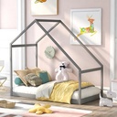 Twin Size House Bed for Kids, Wooden Platform Bed Frame with Sturdy Slats Support Playhouse Floor Bed Montessori Bed Frame Canopy Bed for Bedroom, 78.7"L X 40.5"W X73"H, Gray