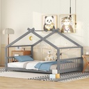 Full Size House Bed, Montessori Style Floor Bed Frame, Wood Kids Fun Playhouse Twin Bed with Headboard and Footboard for Toddlers Girls Boys Teens（Gray)