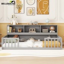 Bellemave Twin Size Floor Bed Frame with Fence and Bookcase Toddler Floor Bed Low Bed with Entrance and Storage Shelves Montessori Bed Frame for Kids, Boys, Girls, No Box Spring Needed (Twin, Gray)
