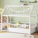 Bellemave Twin Size House Floor Bed with High Fence Guardrails Wooden Playhouse Bed Frame Twin Toddler Floor Bed with Roof Montessori House Bed Frame for Kids, Boy, Girl, (Twin, White)