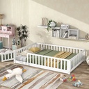 Twin Floor Bed Frame for Toddler, Montessori Floor Bed with Fence and Wood Slats, Low Wood Platform Beds for Girls Boys Kids Happy Time, White