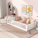 Bellemave Twin Size Floor Bed for Kids, Wood Toddler Floor Bed with Fence Railings & Support Slats, Montessori Floor Bed for Boys Girls,White