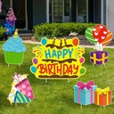 WATINC Set of 5 Happy Birthday Yard Signs with Plastic Stakes Birthday Cake Cupcake Balloon Gift Box Waterproof Lawn Sign Large Single Sided Outdoor for Colorful Birthday Party Decorations