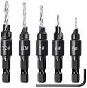 Countersink Drill Bit Set 6pcs 5/6/8/10/12 Bits Shank Adjustable Carpentry Reamer Chamfer Tool Woodworking 1/4inch Hex and HSS Quick Change Power Tools Spanner for Wood Drilling Plastic Soft Metal