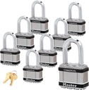 Master Lock Magnum Padlocks - 2" W X 1-1/2"L Shackle, Eight (8) Keyed Alike Locks #M5NKALFSTS-8 W/Bumpstop Technology