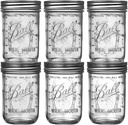 Ball Wide Mouth Mason Jars 16 oz Bundle with Non Slip Jar Opener brand BHL Jars- Set of 6 Half Quart Mason Jars - Canning Glass Jars with Lids