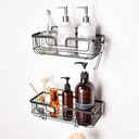 YOHOM Shower Caddy Basket Bathroom Shelves Organiser Storage Adhesive Kitchen Rack Shampoo Shower Gel Holder Wall with Hooks for Razor and Sponge Stainless Steel No Drilling Black 2Pcs