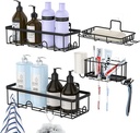 COSANSYS Shower Caddy Bathroom Shelf with 1 Soap Holder and 1 Toothbrush Holder, 4Pack Adhesive Bathroom Storage Organizer Rustproof Basket with Hooks, No Drilling - Shower Caddy Rack Hanging Wall Mounted for Shower Kitchen - Black