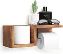Wooden Toilet Paper Holder Wall Mount with Shelf - Farmhouse Bathroom Storage Rack for Tissue Rolls, Rustic Bathroom Decor