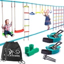 Ninja Slackline Backyard Obstacle Training Course 50' Slackline The Most Complete Hanging Monkey Bars kit for Kids with Ladder and Swing - Portable Training Equipment Gift Set for Kids