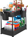 TOCHANGE Under Sink Organizers, 2 Tier Bathroom Organizers Storage, Under Sink Cabinet Storage Organizer with 6 Hooks and 2 Hanging Cups, Multi-purpose Countertop Storage Holder for Bathroom Kitchen