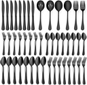 LIANYU 46-Piece Black Silverware Flatware Set for 8, Stainless Steel Flatware with Serving Utensils, Elegant Cutlery Tableware Includes Forks Spoons Knives, Mirror Polished