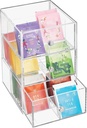 mDesign Plastic Kitchen Pantry, Cabinet, Countertop Organizer Storage Station with 3 Drawers for Coffee, Tea, Sugar Packets, Sweeteners, Creamers, Drink Pods -18 Sections - Clear