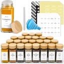 NETANY 24 Pcs Spice Jars with Labels - 4 oz Glass Spice Jars with Bamboo Lids, Minimalist Farmhouse Spice Labels Stickers, Collapsible Funnel, Seasoning Storage Bottles for Spice Rack, Cabinet, Drawer