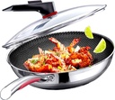 MEGOO Kitchenware cookwear Non Stick Wok Pan with Lid,(PFA,PFOA Free),Frying Wok Pan Suitable for Induction,Gas Cooktops,Ceramic and Electric Stove (Stainless Steel, 12.6 Inch)