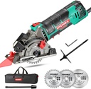 Mini Circular Saw, HYCHIKA Circular Saw with 3 Saw Blades, Laser Guide, Scale Ruler, 500W Pure Copper Motor, 4500RPM Ideal for Wood, Soft Metal, Tile and Plastic Cuts