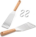 Fish Spatula Turner Set of 2, Leonyo Stainless Steel Slotted Fish Turner, Kitchen Metal Spatula for Flipping Frying Fish Meat Eggs Pancakes, Thin Edge and Wooden Grip, Two Size, 12.4-inch and 11-inch