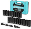 DURATECH 24-Piece Impact Socket Set, 1/2" Drive Deep Impact Socket Set with 2Pcs 1/2-Inch Hexagon Extension Bars, Metric ＆ SAE, Hard Case Included