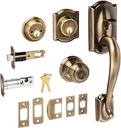 Schlage F62CAM609GEO Antique Brass Camelot Double Cylinder Handleset with Georgian Interior Knob from the F-Series