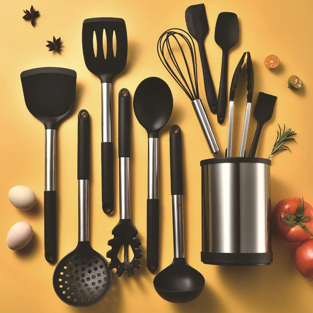 Complete 12 Piece Silicone Cooking Set with Rotating Holder
