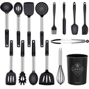 LONOVE Silicone Cooking Utensil Set,14Pcs Silicone Cooking Kitchen Utensils Set, Non-Stick Heat Resistant - Best Kitchen Cookware with Stainless Steel Handle (Black)
