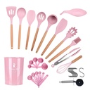 Silicone Cooking Utensils 35 Piece Set, Lychee Kitchen Utensil Set Heat Resistant Household Necessities Spatula Spoon Set with Wooden Handle for Non-Stick Cookware (Pink)