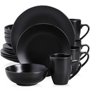16 Piece Pottery Dinner Set Black Stoneware Tableware Set with Dinner Plate,Dessert Plate,Bowls,Cup,, Black Plates and Bowls Sets