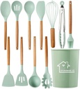 Silicone Cooking Utensils Set - 446°F Heat Resistant Silicone Kitchen Utensils for Cooking,Kitchen Utensil Spatula Set W Wooden Handles and Holder, BPA FREE Gadgets for Non-Stick Cookware